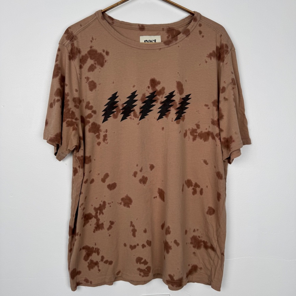 Pact Grateful Dead Lightning Bolt Tie Dye Organic Cotton Tee Mens Large Brown